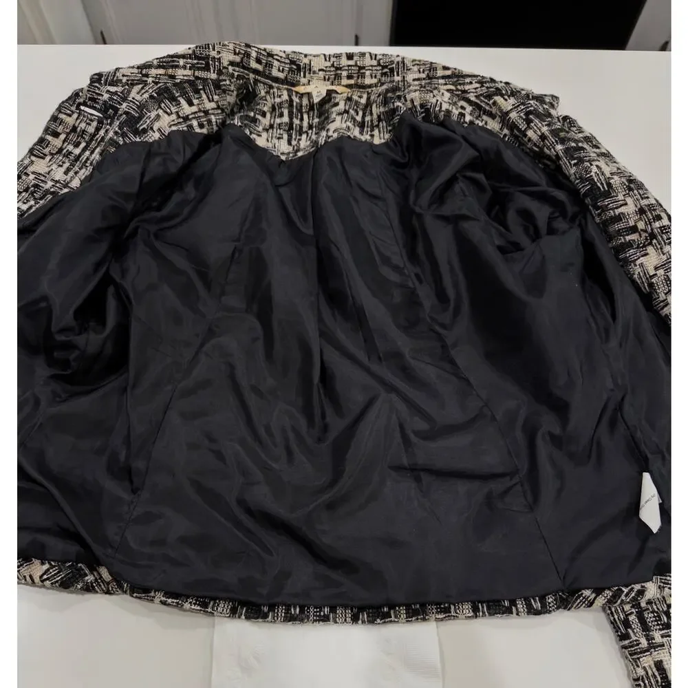 CAbi Womens tweed jacket in black and‎ ivory weave sz M quiet luxury workwear